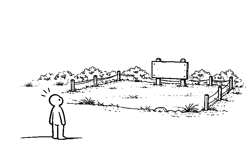 そもそもサイトがないことを表現したイラスト。空き地の前に立つ人物のモノクロ線画。