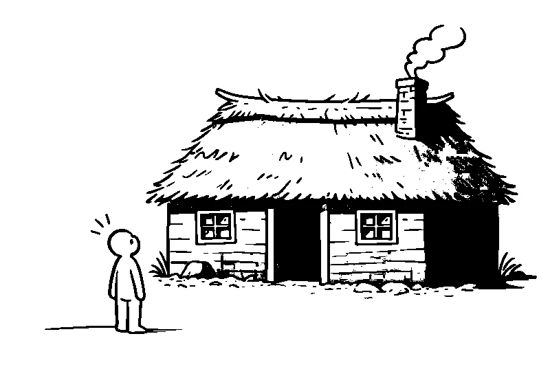 見た目が古いことを表現したイラスト。古い家を見ている人物のモノクロ線画。